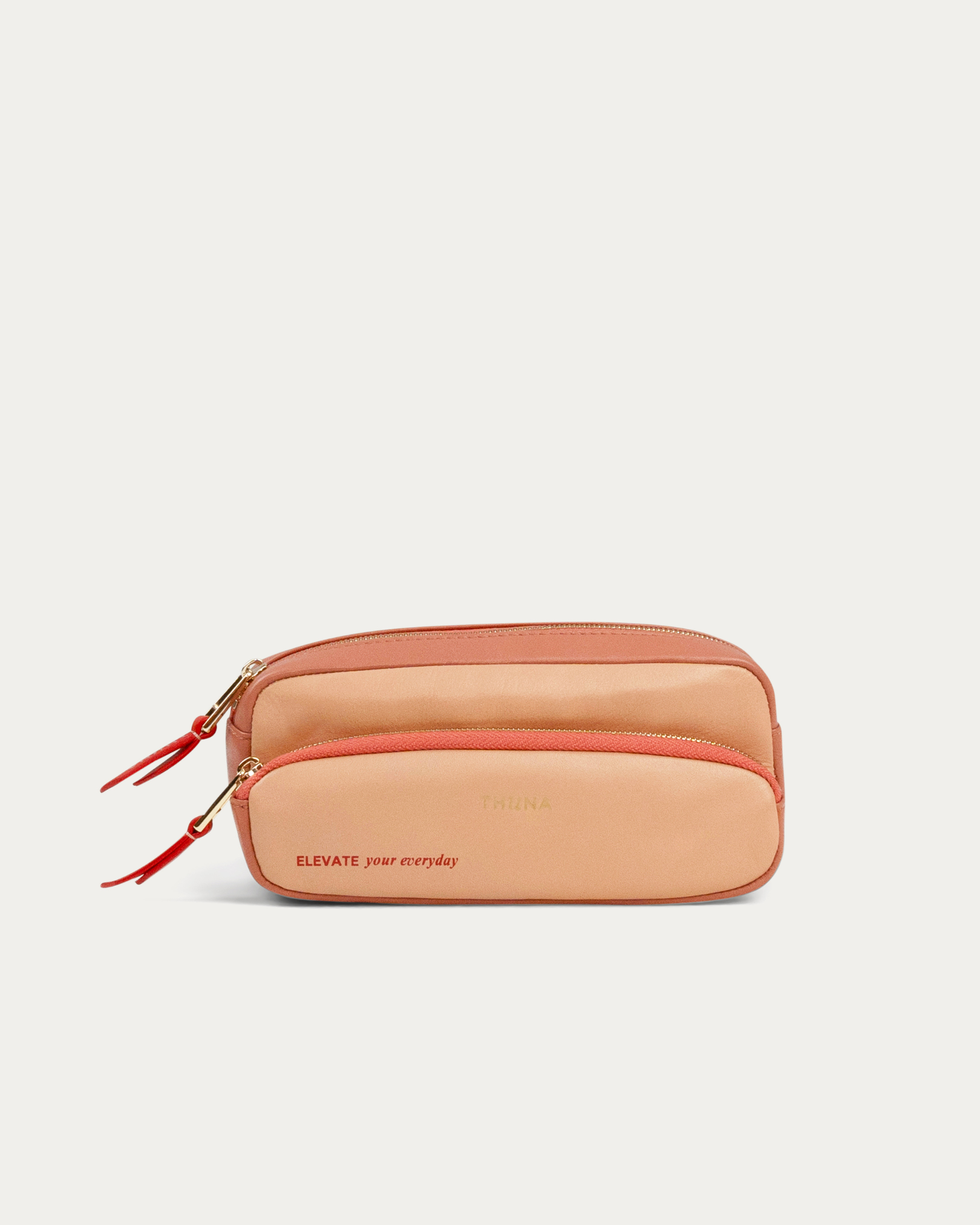 Beige and red rectangular pouch with 'Elevate your everyday' text on a light gray background - Kuwait bags - KSA Bags
